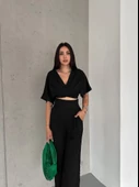 KETEN CROP TAKIM ikili Keten Bluz Pantolon Alt Üst Takım - 3