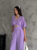 KETEN CROP TAKIM ikili Keten Bluz Pantolon Alt Üst Takım - 8