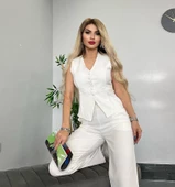 PANTALON YELEKLİ TAKIM İTHAL DABIL KUMAŞ Kadın Düğmeli Yelek Palazzo Geniş Paça Pantolon Ikili Takım - 5