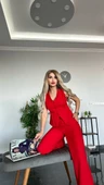 PANTALON YELEKLİ TAKIM İTHAL DABIL KUMAŞ Kadın Düğmeli Yelek Palazzo Geniş Paça Pantolon Ikili Takım - 6