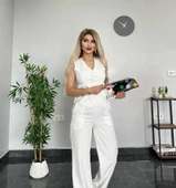 PANTALON YELEKLİ TAKIM İTHAL DABIL KUMAŞ Kadın Düğmeli Yelek Palazzo Geniş Paça Pantolon Ikili Takım - 1