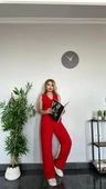 PANTALON YELEKLİ TAKIM İTHAL DABIL KUMAŞ Kadın Düğmeli Yelek Palazzo Geniş Paça Pantolon Ikili Takım - 3