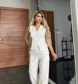 PANTALON YELEKLİ TAKIM İTHAL DABIL KUMAŞ Kadın Düğmeli Yelek Palazzo Geniş Paça Pantolon Ikili Takım - 2