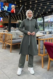 Göğüsten Detaylı Fermuarlı Sade Basic Eşofman Spor İkili Takım - 03063.005 - Haki - 1