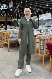 Göğüsten Detaylı Fermuarlı Sade Basic Eşofman Spor İkili Takım - 03063.005 - Haki - 9
