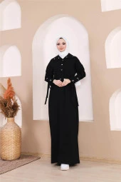 Belden Bağlamalı Çıtçıtlı Kol Şerit Detaylı Uzun Elbise - 71183.003 - Siyah - 1