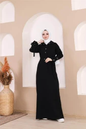 Belden Bağlamalı Çıtçıtlı Kol Şerit Detaylı Uzun Elbise - 71183.003 - Siyah - 4