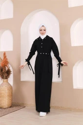 Belden Bağlamalı Çıtçıtlı Kol Şerit Detaylı Uzun Elbise - 71183.003 - Siyah - 6