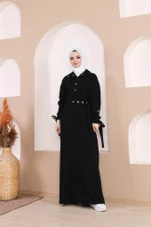 Belden Bağlamalı Çıtçıtlı Kol Şerit Detaylı Uzun Elbise - 71183.003 - Siyah - 7