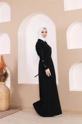 Belden Bağlamalı Çıtçıtlı Kol Şerit Detaylı Uzun Elbise - 71183.003 - Siyah - 8