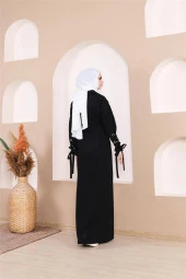 Belden Bağlamalı Çıtçıtlı Kol Şerit Detaylı Uzun Elbise - 71183.003 - Siyah - 9
