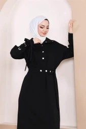 Belden Bağlamalı Çıtçıtlı Kol Şerit Detaylı Uzun Elbise - 71183.003 - Siyah - 10