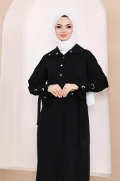 Belden Bağlamalı Çıtçıtlı Kol Şerit Detaylı Uzun Elbise - 71183.003 - Siyah - 11