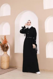 Belden Bağlamalı Çıtçıtlı Kol Şerit Detaylı Uzun Elbise - 71183.003 - Siyah - 12