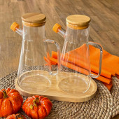 Yağdanlık Cam Şişe 900 Ml Bambu Vakumlu Kapak Ahşap Stantlı İkili - 1