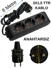 Avarson (3'Lü) Üçlü Priz Topraklı Kablolu Siyah (3x1,5 TTR) 8 (Sekiz) Metre thumbnail 1