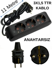 Avarson (3'Lü) Üçlü Priz Topraklı Kablolu Siyah (3x1,5 TTR) 11 (On Bir) Metre thumbnail 1
