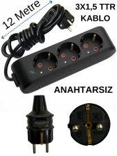 Avarson (3'Lü) Üçlü Priz Topraklı Kablolu Siyah (3x1,5 TTR) 12 (On İki) Metre thumbnail 1