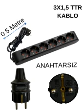 Avarson (6'Lı) Altılı Priz Topraklı Kablolu Siyah (3x1,5 TTR) 0,5 (Yarım) Metre thumbnail 1