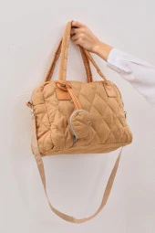 Hardal Kabartmalı Puf Kumaş Kapitone Tote Shopper Omuz Kol Çantası Cüzdanlı - 1