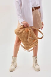 Hardal Kabartmalı Puf Kumaş Kapitone Tote Shopper Omuz Kol Çantası Cüzdanlı - 2