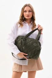 Haki Kabartmalı Puf Kumaş Kapitone Tote Shopper Omuz Kol Çantası Cüzdanlı - 2