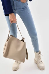 Bej içi Süet Yumuşak Deri Çıtçıt Ve Fermuarlı Iç Bölme Büyük Boy Shopper Çanta - 4