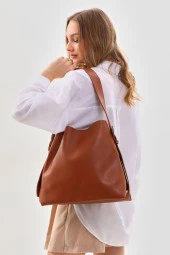 Taba içi Süet Yumuşak Deri Çıtçıt Ve Fermuarlı Iç Bölme Büyük Boy Shopper Çanta - 2