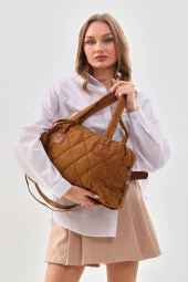Taba Kabartmalı Puf Kumaş Kapitone Tote Shopper Omuz Kol Çantası Cüzdanlı - 2
