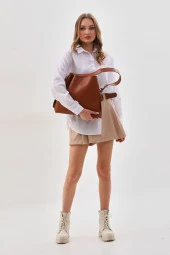 Taba içi Süet Yumuşak Deri Çıtçıt Ve Fermuarlı Iç Bölme Büyük Boy Shopper Çanta - 5