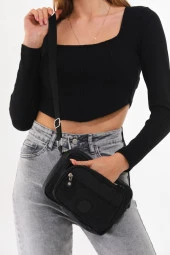 Krinkıl Kumaş Unisex Çok Bölmeli Su Geçirmez Siyah Çapraz Askılı Omuz Çantası - 3