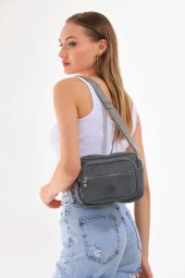 Krinkıl Kumaş Unisex Çok Bölmeli Su Geçirmez Gri Çapraz Askılı Omuz Çantası - 2