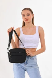 Krinkıl Kumaş Unisex Çok Bölmeli Su Geçirmez Siyah Omuz Çantası - 1