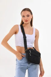 Krinkıl Kumaş Unisex Çok Bölmeli Su Geçirmez Siyah Omuz Çantası - 3