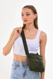Krinkıl Kumaş Unisex Çok Bölmeli Su Geçirmez Haki Omuz Çantası - 5