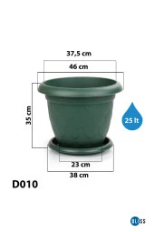 25 Litre Damla Desenli Yeşil Renk Mat Plastik Büyük Boy Yuvarlak Saksı Tabaklı - 1