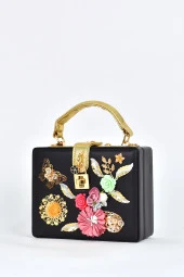 Elatae Kadın Omuz Askılı Çiçekli Abiye Günlük El Çantası Siyah 17605 thumbnail 3