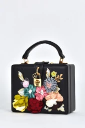 Elatae Kadın Omuz Askılı Çiçekli Taşlı Abiye Günlük El Çantası Siyah 17613 thumbnail 1