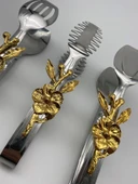 Japon Güllü Gümüş Salata, Makarna ve Pasta Servis Sunum Maşası, Paslanmaz Çelik Yemek Maşa Seti - 3