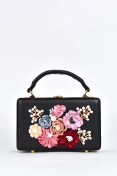 Elatae Kadın Omuz Askılı Çiçekli Taşlı Abiye Günlük El Çantası Siyah 17612 thumbnail 1