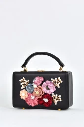 Elatae Kadın Omuz Askılı Çiçekli Taşlı Abiye Günlük El Çantası Siyah 17612 thumbnail 3