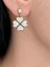 Parlak Taş İşlemeli Yonca Model Kadın Küpe - 2