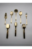 8 Parça Gold Kevgir, Kepçe, Kürek, Çatal, Kaşık ve Maşa Servis Seti 18/10 Paslanmaz Çelik - 5