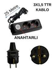 Avarson (2'Li) İkili Priz Topraklı Anahtarlı Kablolu Siyah (3x1,5 TTR) 25 (Yirmi Beş) Metre thumbnail 1