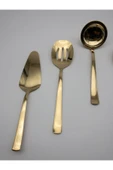 5 Parça Paslanmaz Çelik Gold Kevgir, Kepçe, Kürek, Çatal, Kaşık Servis Takımı - Çeyizlik - 5
