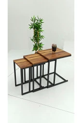 UFUK HOME 3lü Zigon Sehpa Ceviz Tabla Siyah Ayak Sehpa - 1