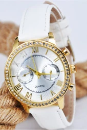 Altın Renk Taşlı Kasa Beyaz Deri Kordonlu Roma Rakam Kadın Kol Saati SU-1123 - 1