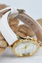 Altın Renk Taşlı Kasa Beyaz Deri Kordonlu Roma Rakam Kadın Kol Saati SU-1123 - 2