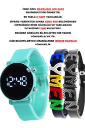 Mint Yeşil Silikon Kordon Yuvarlak Kasa İsimli Bileklikli Şık Şirin Tasarım Çocuk Led Saat SU-1112 - 1