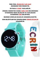 Mint Yeşil Silikon Kordon Yuvarlak Kasa Beyaz İsimli Bileklikli Şirin Tasarım Çocuk Led Saat SU-1113 - 1